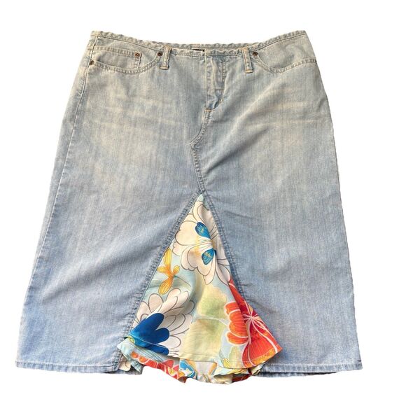 Y2K Express Denim Skirt Size 7/8 Floral Silk Trim Retro Knee Length Boho Rave - Picture 1 of 16